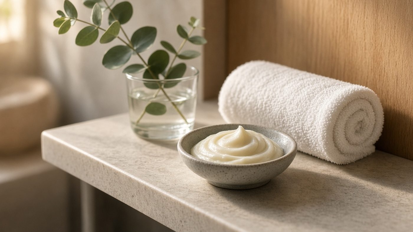 A small stoneware bowl of soft white balm on a pale stone bathroom shelf beside a rolled white towel and a glass of eucalyptus sprigs in warm window light.