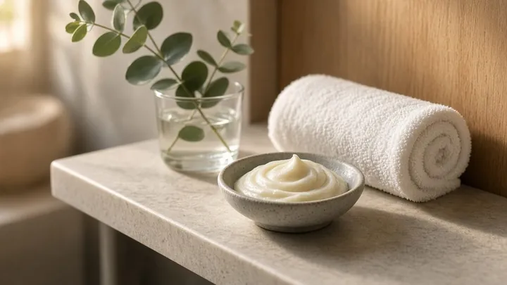 A small stoneware bowl of soft white balm on a pale stone bathroom shelf beside a rolled white towel and a glass of eucalyptus sprigs in warm window light.