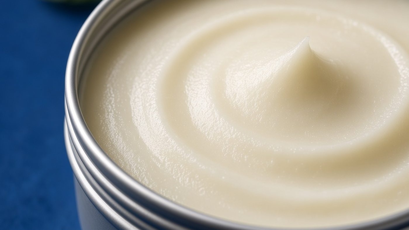 Close view of a swirl of creamy white Wild Awake deodorant balm in an open silver tin on a deep blue cloth.