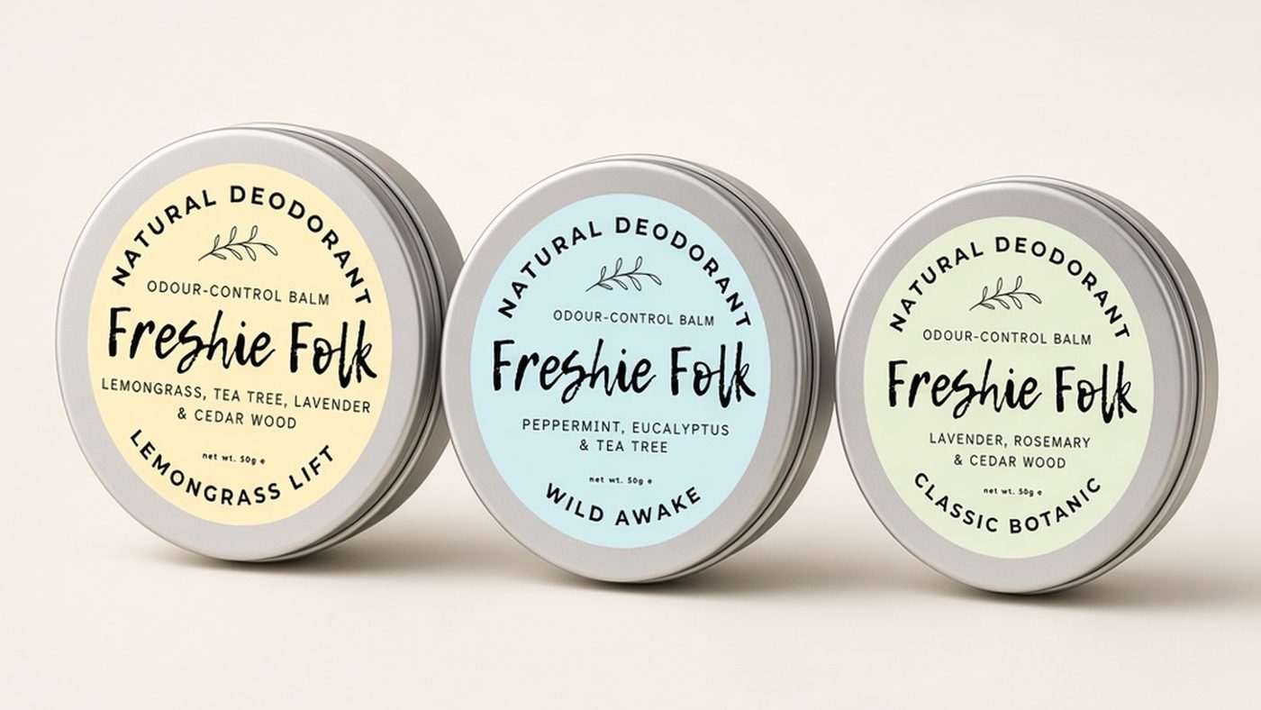 Three Freshie Folk deodorant balm tins standing side by side on a pale background: Lemongrass Lift with a yellow label, Wild Awake with a blue label and Classic Botanic with a green label.