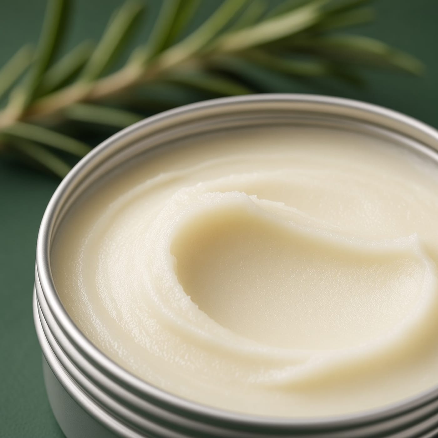 Close view of the creamy Classic Botanic balm, with the silver tin behind it.