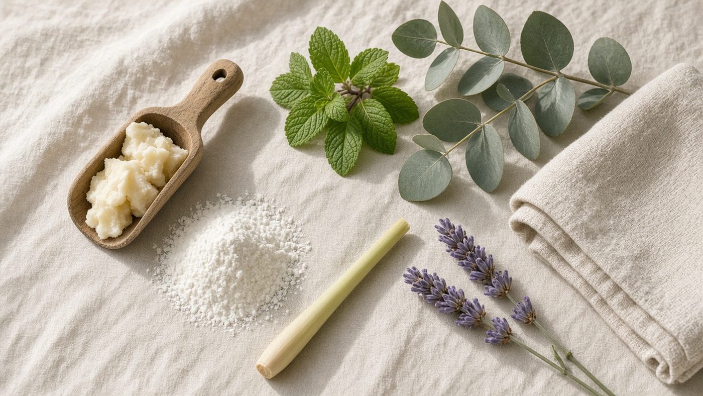 Raw shea butter in a wooden scoop, arrowroot powder, peppermint, eucalyptus, lemongrass and lavender on warm linen in morning light.