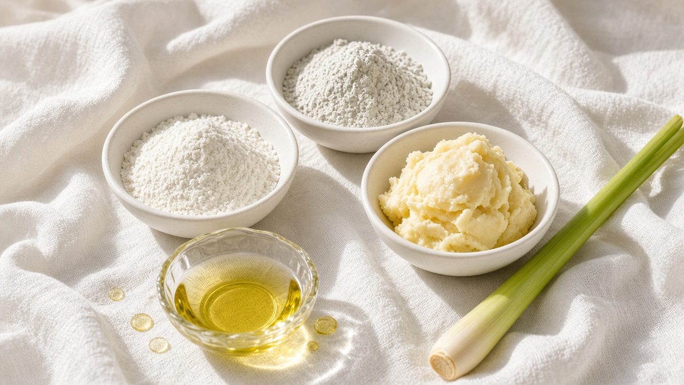 Small white bowls of arrowroot powder, kaolin clay and raw shea butter beside a dish of golden sunflower oil and a stalk of lemongrass on white linen.