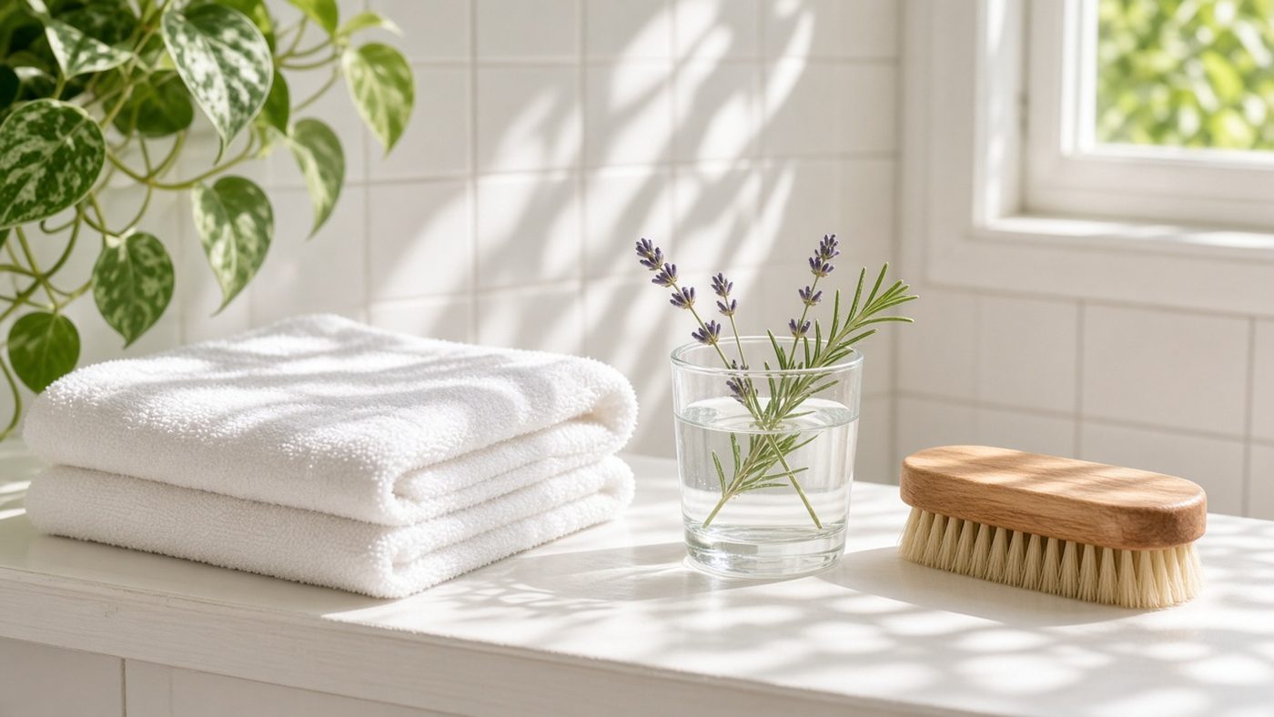 A folded white towel, a glass of water holding lavender and rosemary, and a wooden brush on a sunlit bathroom shelf.