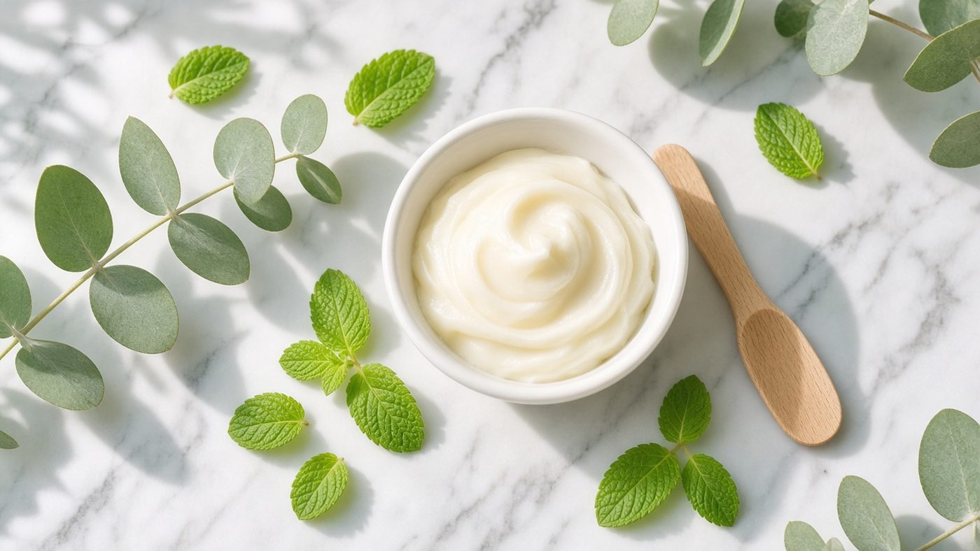 A soft swirl of creamy balm in a small white dish beside a wooden spatula, peppermint leaves and eucalyptus on white marble in morning sun.