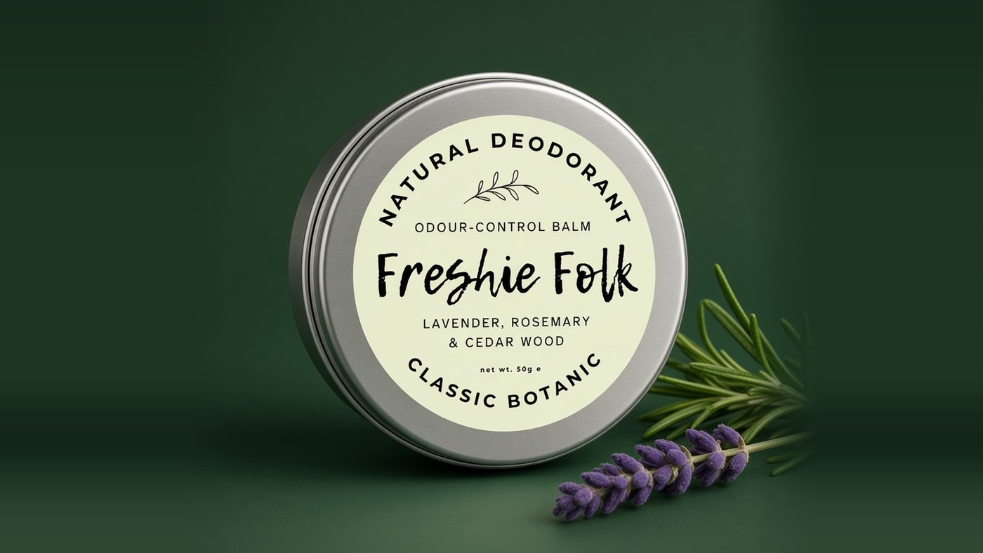 A round silver Freshie Folk Classic Botanic deodorant balm with a pale green label on a deep green background, with a rosemary sprig and lavender beside it.