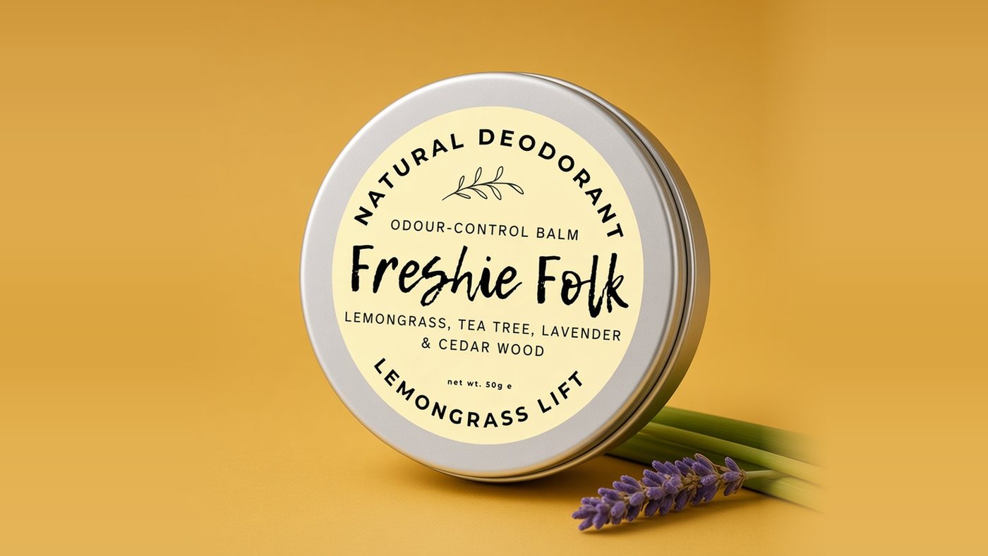 A round silver Freshie Folk Lemongrass Lift deodorant balm with a pale yellow label, leaning on a warm golden yellow background beside lemongrass stems and a sprig of lavender.