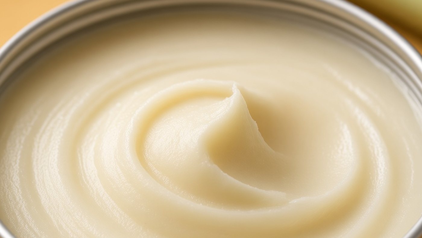 Close view of creamy, pale lemon deodorant balm swirled in an open silver jar, with a lemongrass stem blurred in the background on warm yellow.