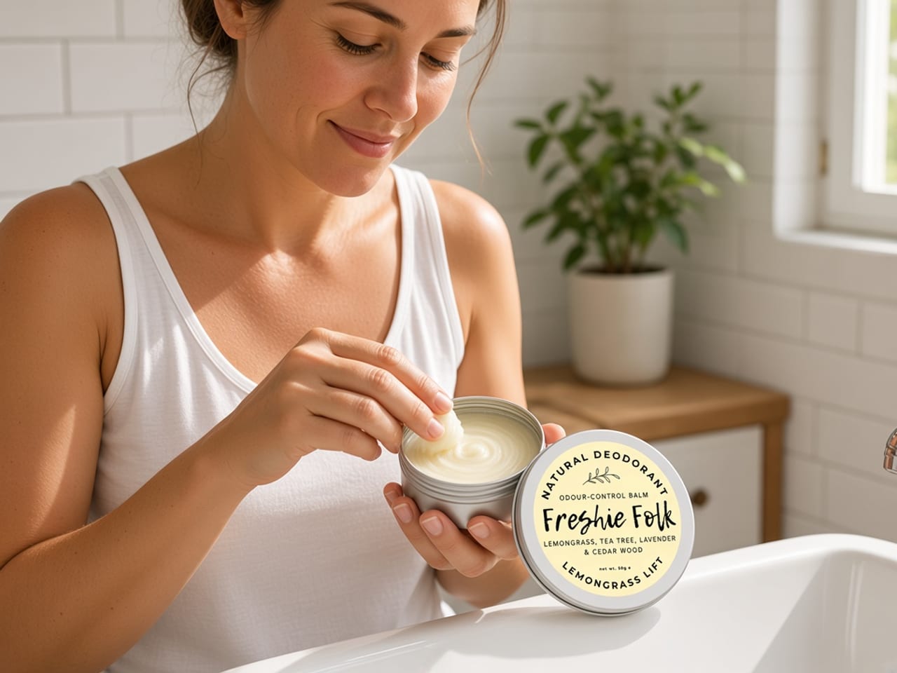 A woman smooths Lemongrass Lift balm onto her underarm in a bright bathroom.
