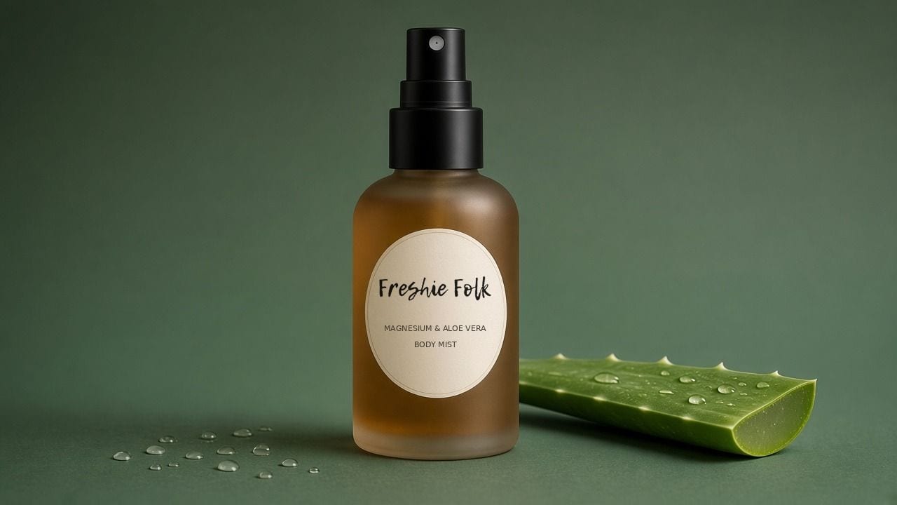 Freshie Folk Magnesium & Aloe Vera Body Mist in a frosted amber spray bottle beside fresh aloe vera