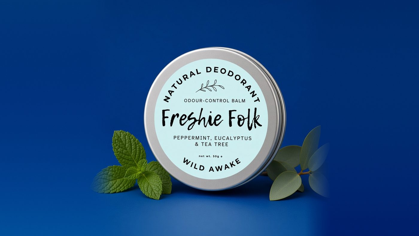 A round silver Freshie Folk Wild Awake deodorant balm with a pale blue label on a deep blue background, with fresh peppermint leaves on one side and a eucalyptus sprig on the other.