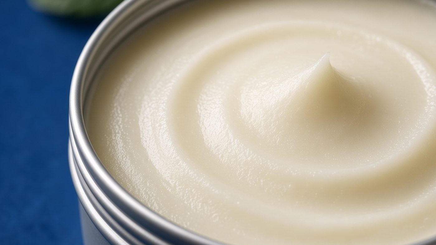 Close view of a creamy white Wild Awake deodorant balm swirled in an open silver jar, with a mint leaf blurred behind it on a deep blue background.