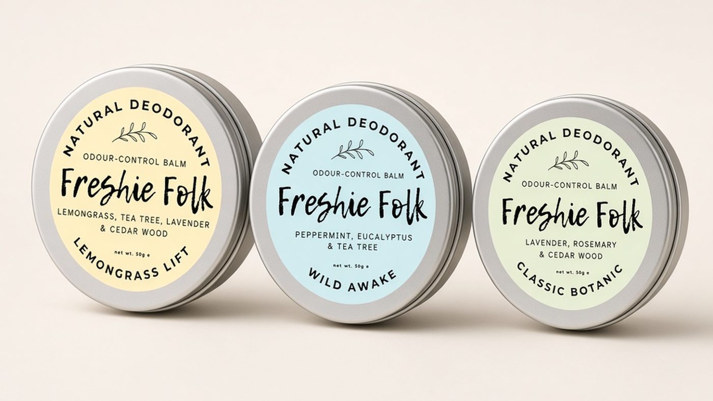 Three Freshie Folk deodorant balms in a row, Lemongrass Lift with a pale yellow label, Wild Awake with a pale blue label and Classic Botanic with a pale green label, on a soft cream background.