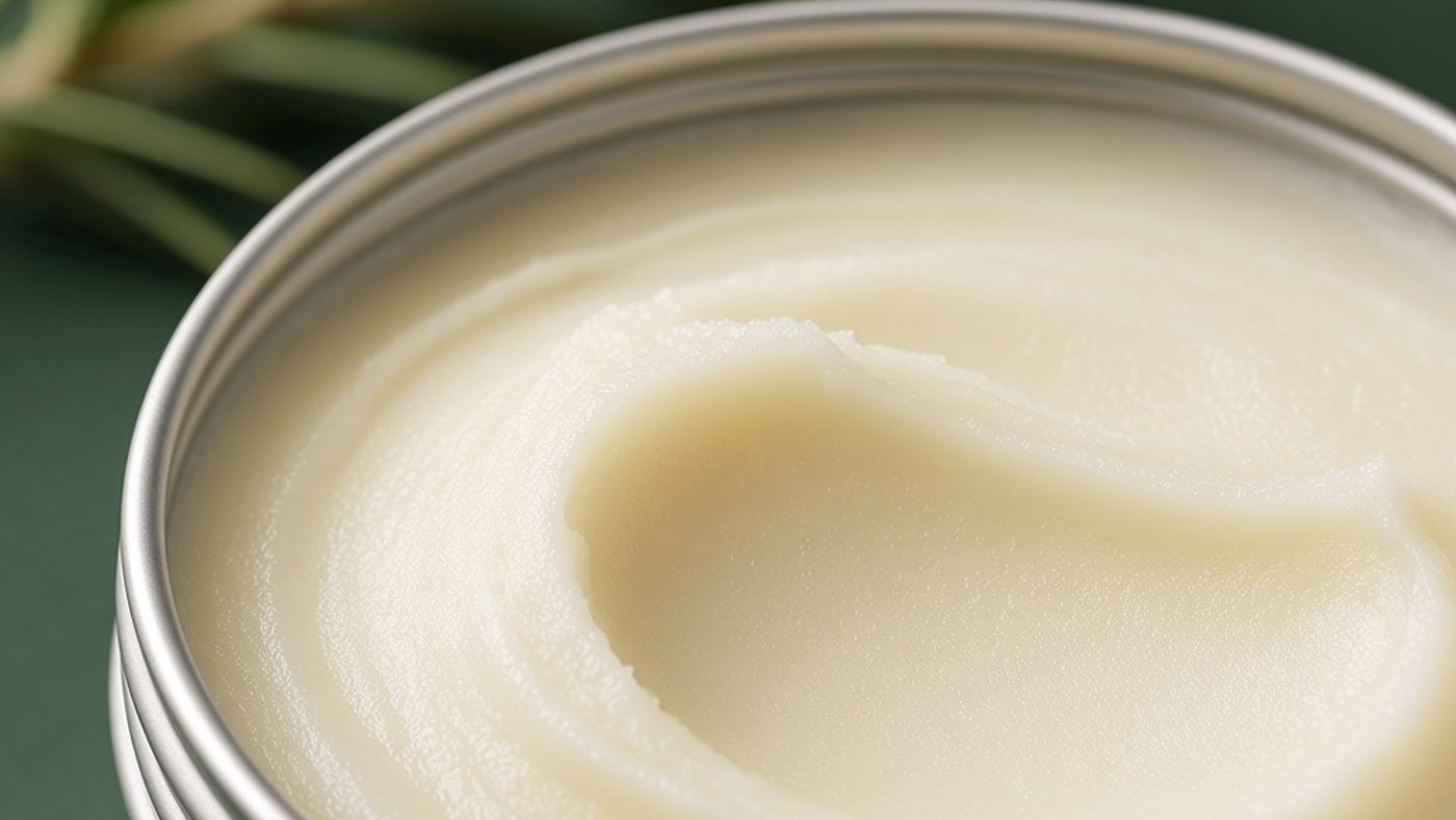 Close view of creamy white Classic Botanic deodorant balm swirled in an open silver tin, with soft green sprigs blurred behind it on a deep green background.