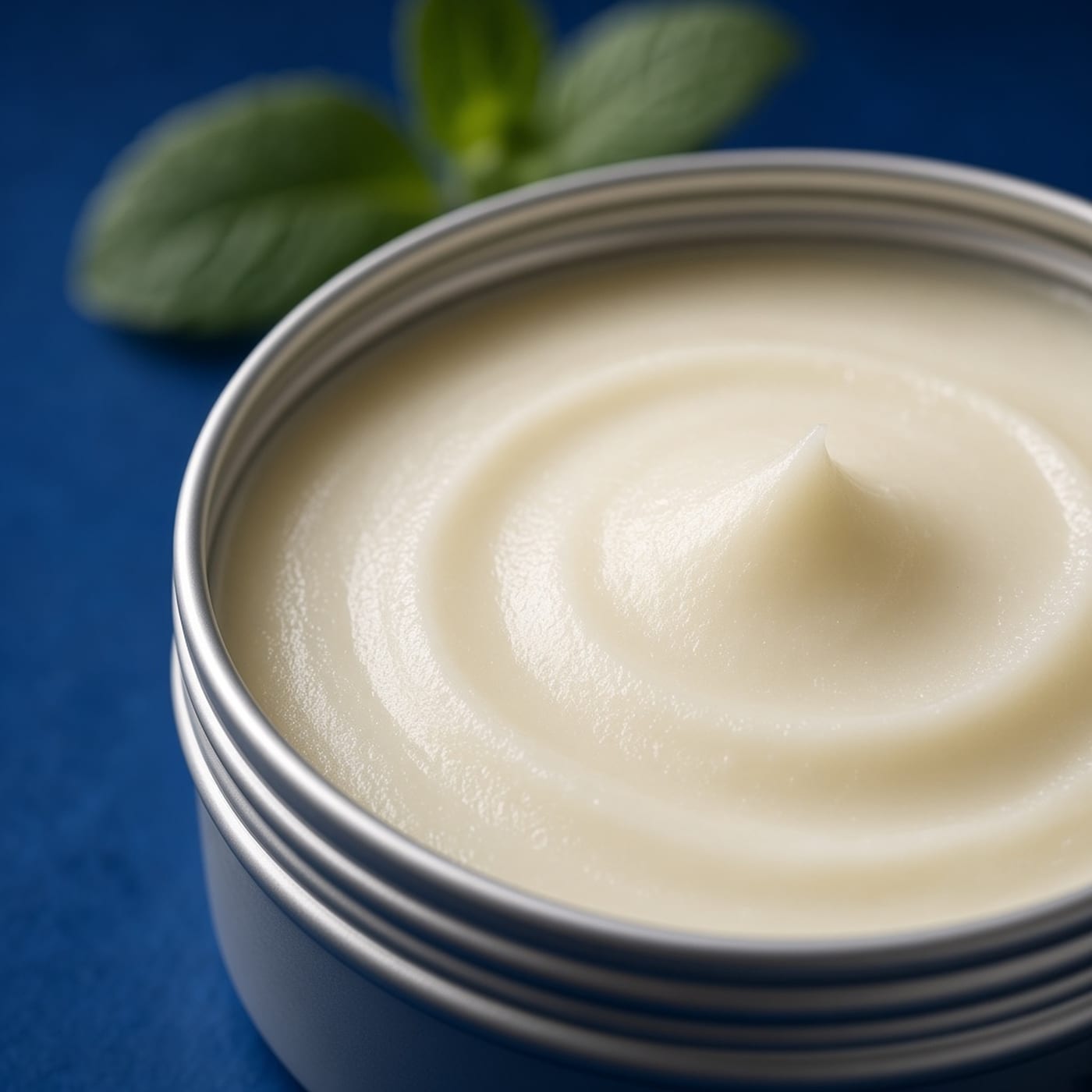 Close view of the creamy Wild Awake balm, with the silver tin behind it.